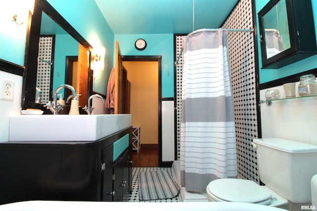 full bathroom featuring vanity, toilet, and a shower with curtain