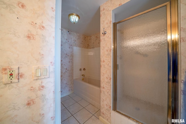 full bathroom featuring tile patterned floors, an enclosed shower, wallpapered walls, and a bathing tub