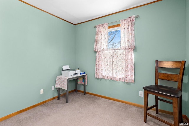 carpeted office space featuring baseboards and ornamental molding