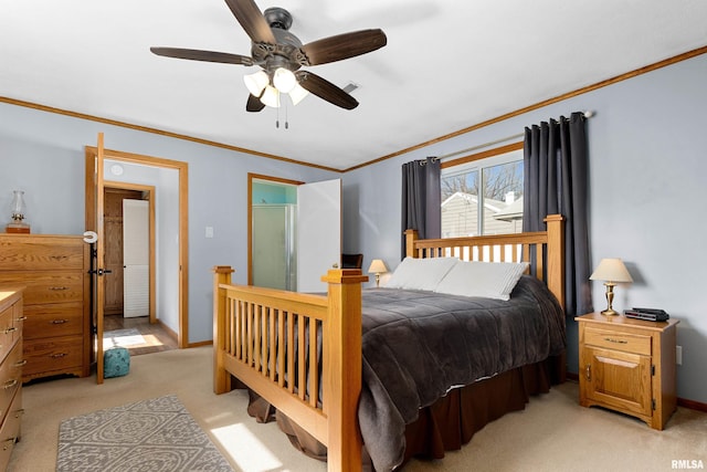 bedroom featuring baseboards, light colored carpet, ornamental molding, and a ceiling fan