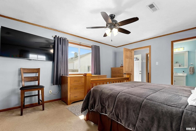 bedroom featuring baseboards, visible vents, light carpet, crown molding, and connected bathroom