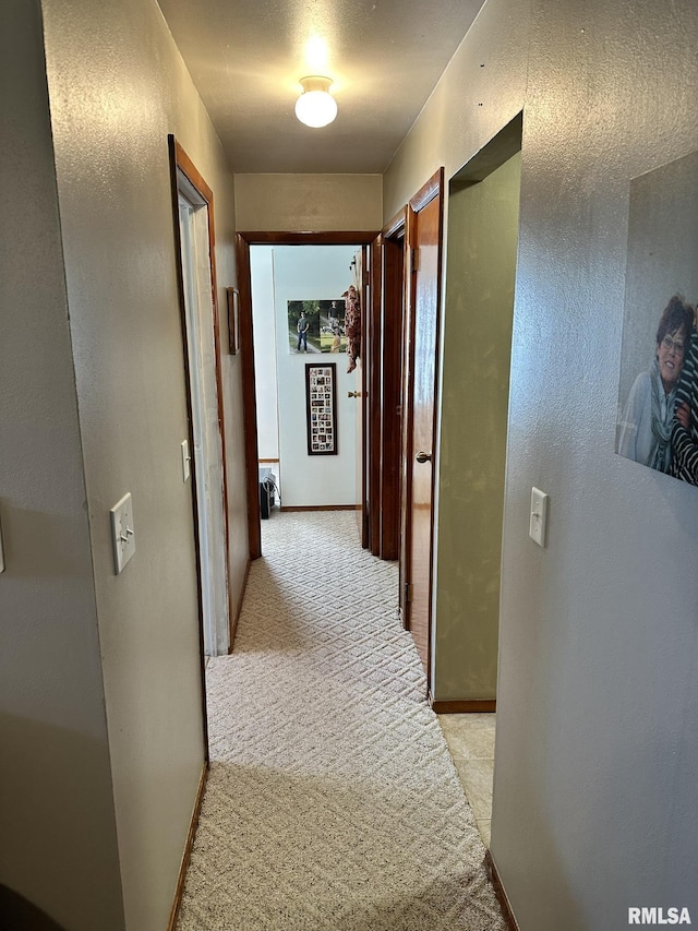 corridor with light carpet and a textured wall