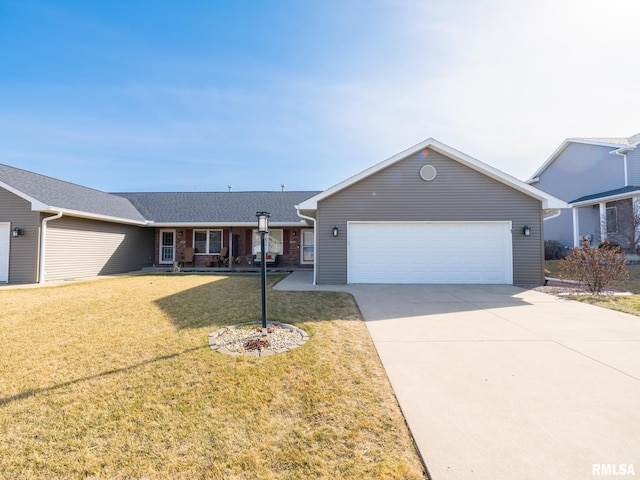 single story home featuring brick siding, an attached garage, concrete driveway, and a front yard