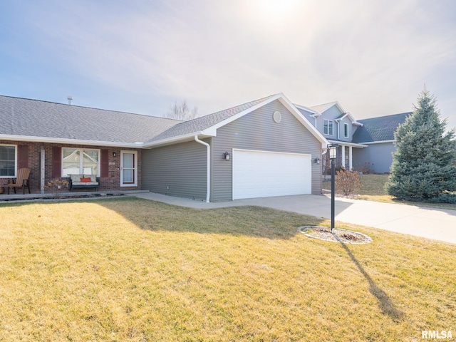 view of front of property with brick siding, a front lawn, concrete driveway, roof with shingles, and an attached garage