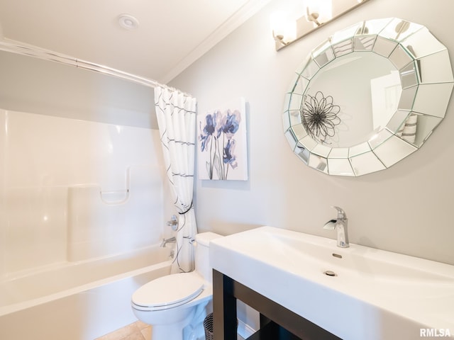 bathroom with vanity, shower / bathtub combination with curtain, crown molding, toilet, and tile patterned floors