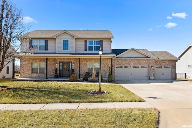 view of front of home featuring brick siding, a front lawn, concrete driveway, covered porch, and an attached garage