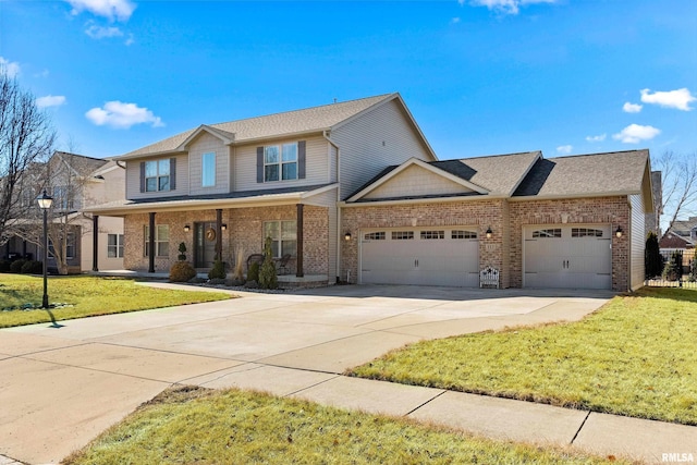 view of front of house featuring a front lawn, a porch, concrete driveway, a garage, and brick siding