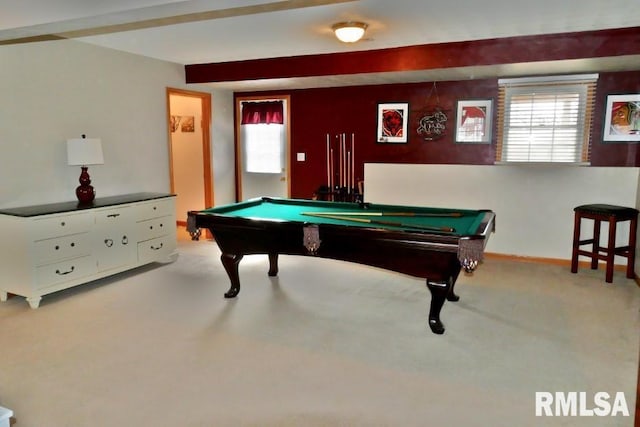 recreation room featuring pool table, carpet flooring, and baseboards