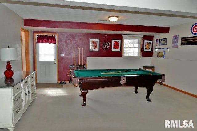 recreation room with plenty of natural light, pool table, and baseboards