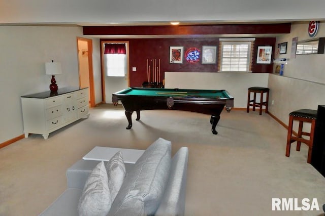 rec room with baseboards, carpet, and pool table