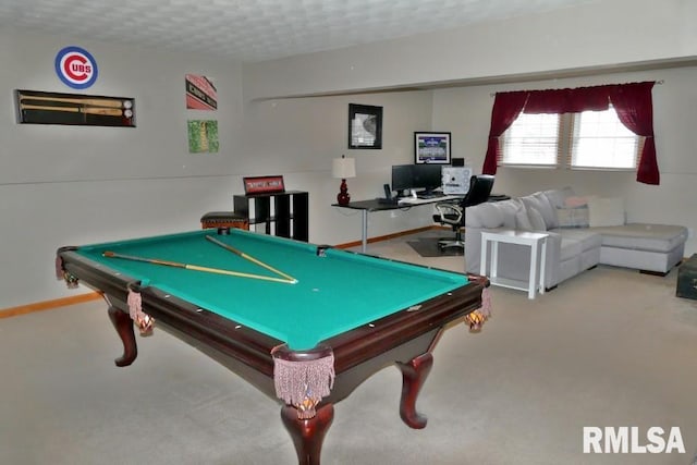 rec room featuring carpet flooring, baseboards, and a textured ceiling