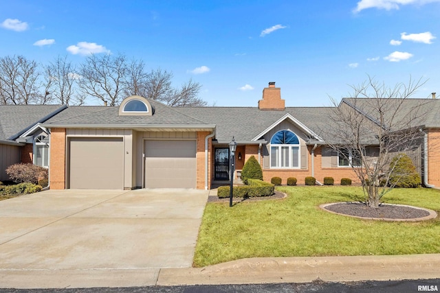 ranch-style house featuring driveway, brick siding, an attached garage, and a front lawn