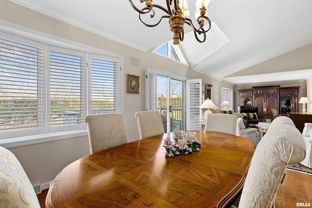 dining room with vaulted ceiling, ornamental molding, visible vents, and a chandelier