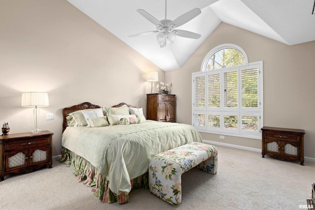 bedroom with baseboards, lofted ceiling, carpet, and a ceiling fan