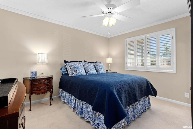 bedroom featuring crown molding, light colored carpet, baseboards, and ceiling fan