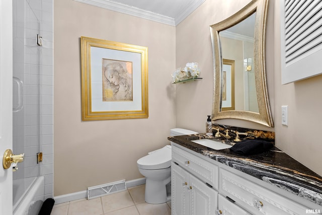 bathroom with tile patterned floors, visible vents, toilet, crown molding, and baseboards