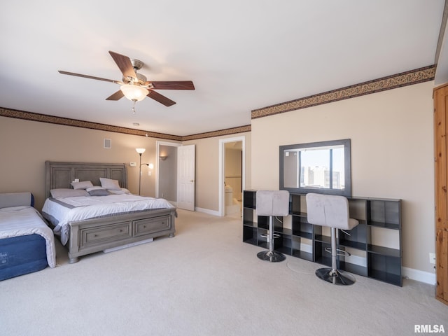 bedroom featuring visible vents, light colored carpet, crown molding, and baseboards