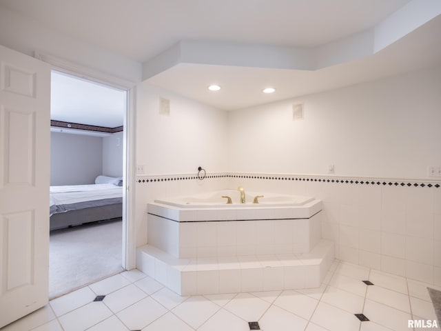 ensuite bathroom with visible vents, a wainscoted wall, ensuite bathroom, recessed lighting, and tile patterned flooring