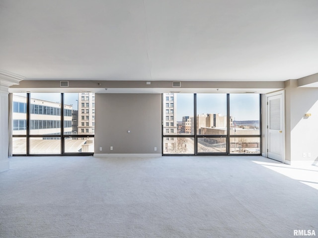 carpeted spare room featuring a wall of windows, baseboards, a city view, and a wealth of natural light