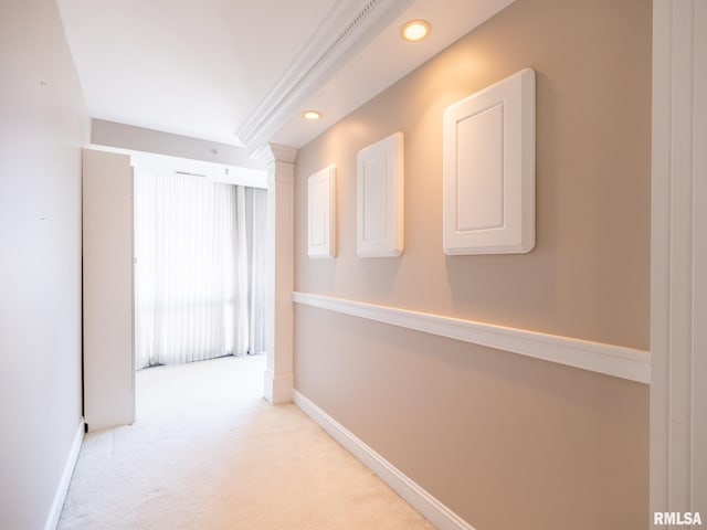 hall featuring recessed lighting, light colored carpet, and baseboards