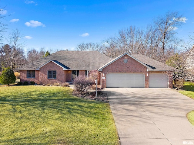 single story home with a front yard, driveway, a shingled roof, a garage, and brick siding