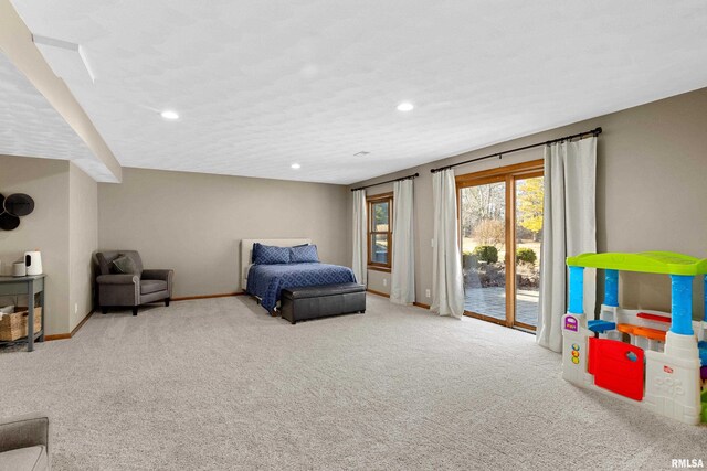 bedroom featuring recessed lighting, carpet, baseboards, and access to outside