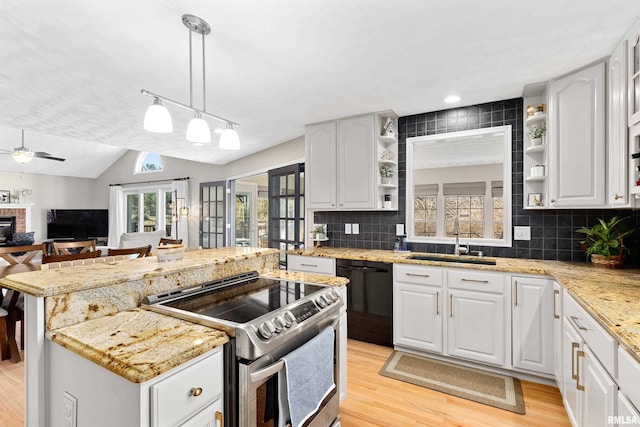 kitchen with open shelves, a sink, stainless steel range with electric cooktop, black dishwasher, and light wood-type flooring