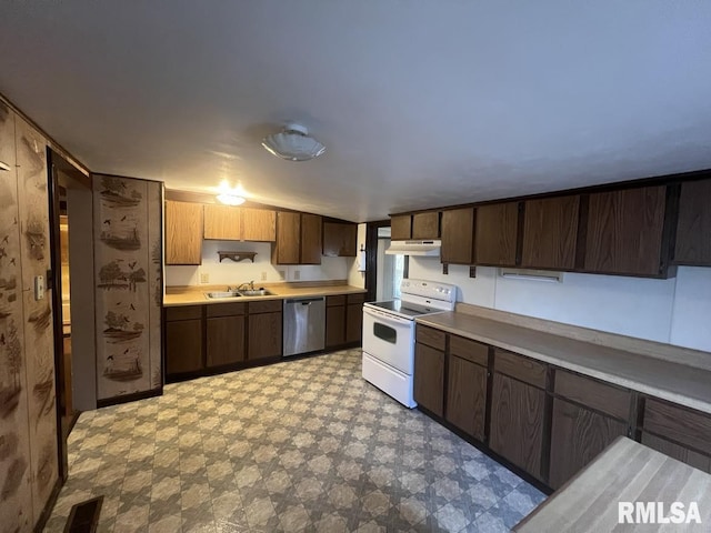 kitchen with under cabinet range hood, light floors, dishwasher, white electric stove, and a sink