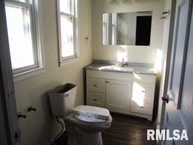 bathroom featuring toilet, wood finished floors, and vanity