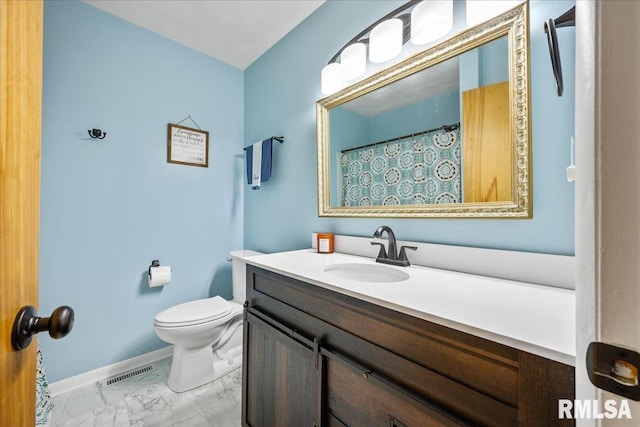 full bath with vanity, baseboards, visible vents, toilet, and marble finish floor