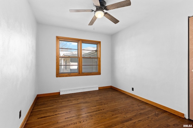 empty room featuring baseboards, dark wood-type flooring, and baseboard heating