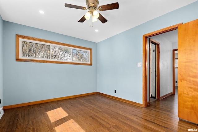 unfurnished room with recessed lighting, wood finished floors, baseboards, and ceiling fan