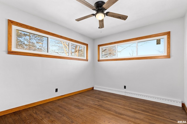 spare room featuring ceiling fan, dark wood-type flooring, baseboards, and a baseboard radiator