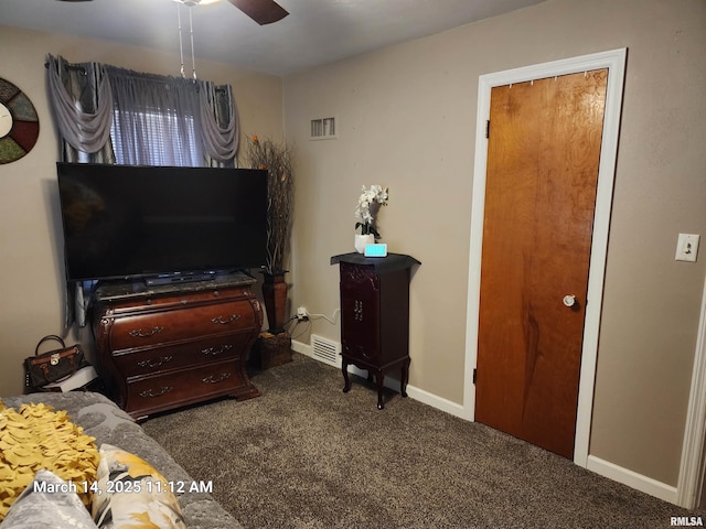 bedroom featuring baseboards, visible vents, carpet floors, and ceiling fan