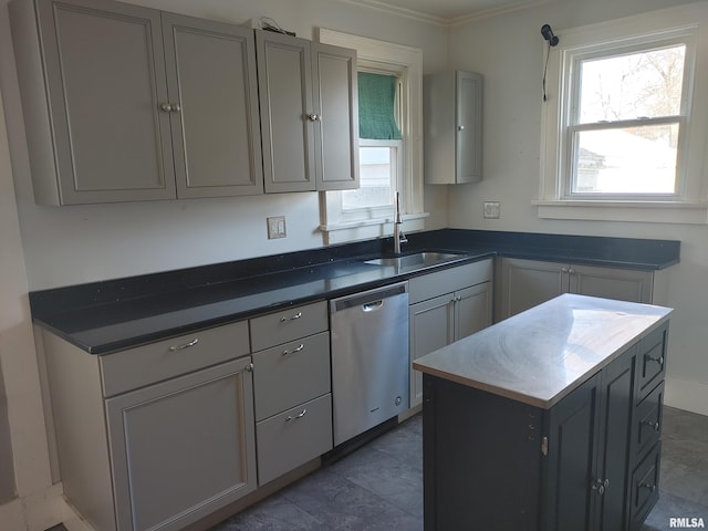 kitchen with a sink, stainless steel dishwasher, a wealth of natural light, and gray cabinets