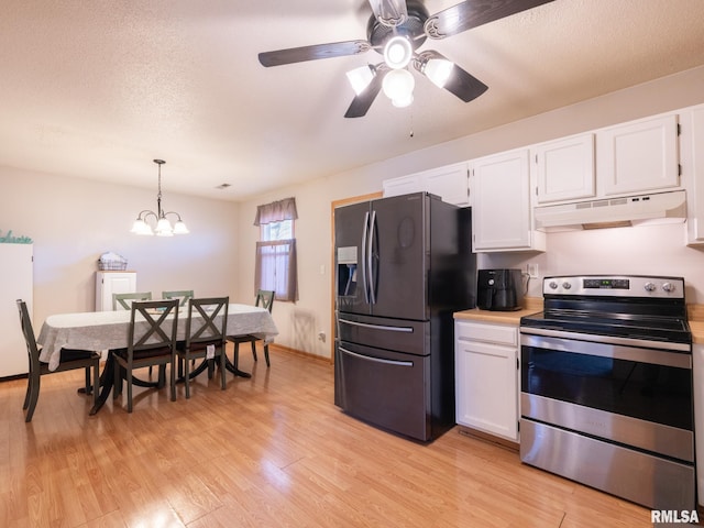 kitchen featuring under cabinet range hood, electric range, black fridge with ice dispenser, and white cabinetry