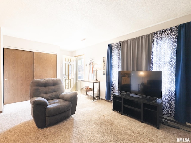 living area featuring carpet floors and a textured ceiling