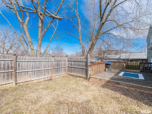 view of yard featuring a fenced backyard and a wooden deck