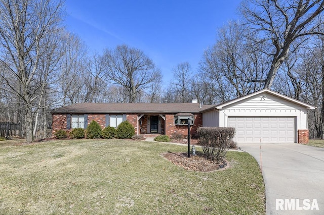 ranch-style home with a front yard, an attached garage, brick siding, and driveway