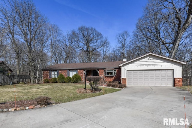 ranch-style house with a garage, driveway, brick siding, and a front lawn