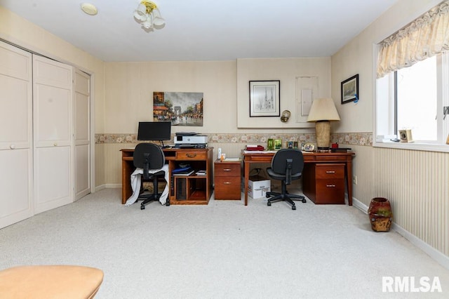 office space with a wainscoted wall and carpet flooring