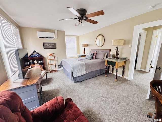 bedroom with baseboards, carpet floors, a wall mounted AC, ceiling fan, and vaulted ceiling