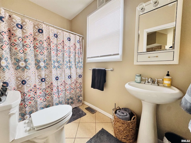 bathroom with a shower with curtain, visible vents, baseboards, tile patterned flooring, and toilet