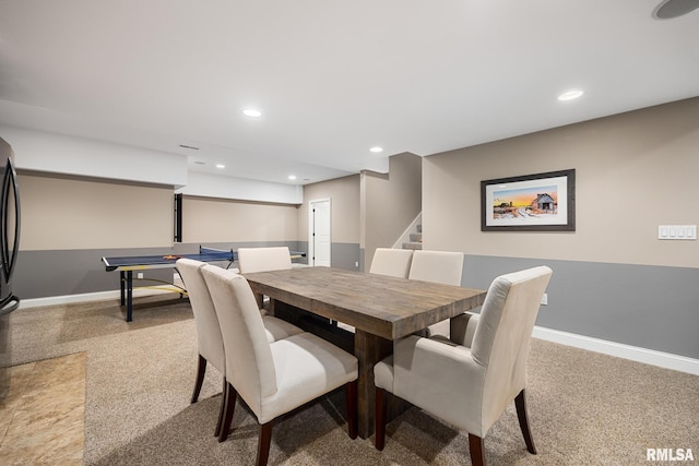 dining space with recessed lighting, stairs, baseboards, and carpet floors