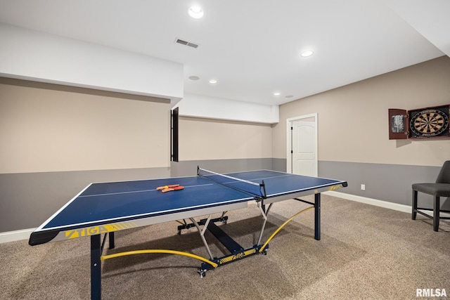 rec room with recessed lighting, visible vents, carpet floors, and baseboards