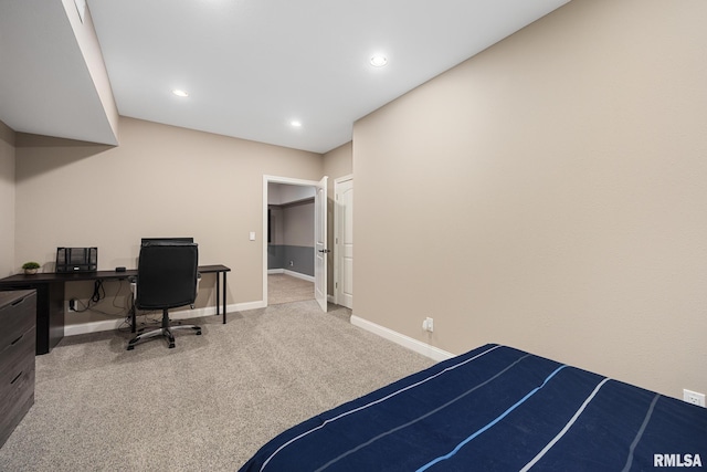 bedroom with recessed lighting, baseboards, and carpet floors