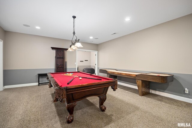 game room with recessed lighting, baseboards, carpet, and pool table