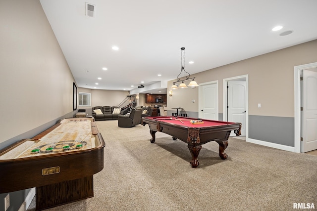 recreation room featuring billiards, visible vents, carpet floors, baseboards, and recessed lighting