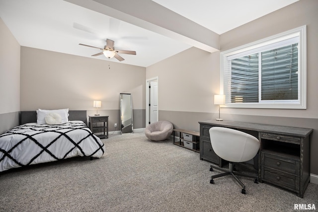 bedroom featuring a ceiling fan, baseboards, and carpet floors