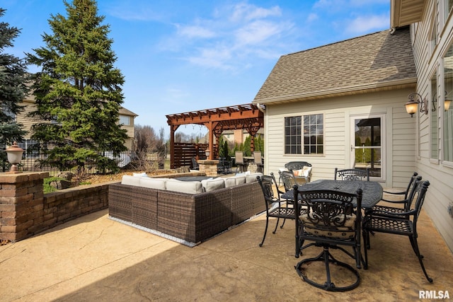 view of patio / terrace with outdoor dining space, an outdoor living space, fence, and a pergola